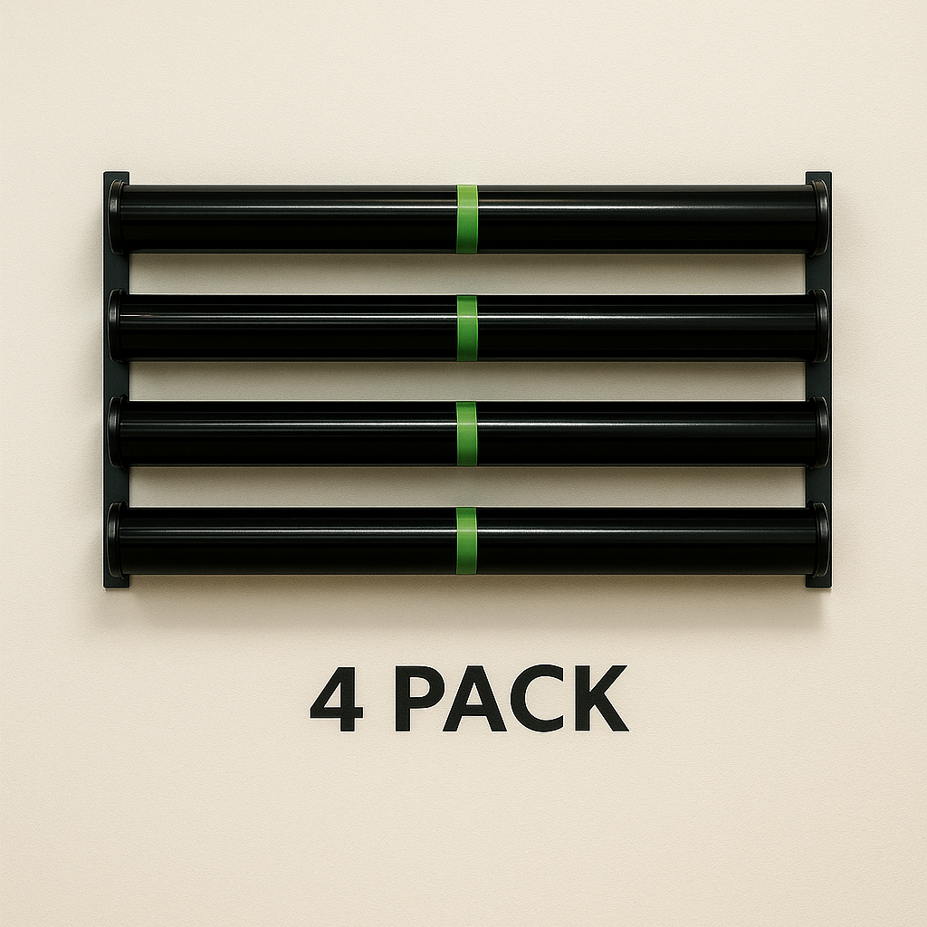 Black roll rack with green accents labeled 'STOW Rollrack 4 Pack' on a beige background