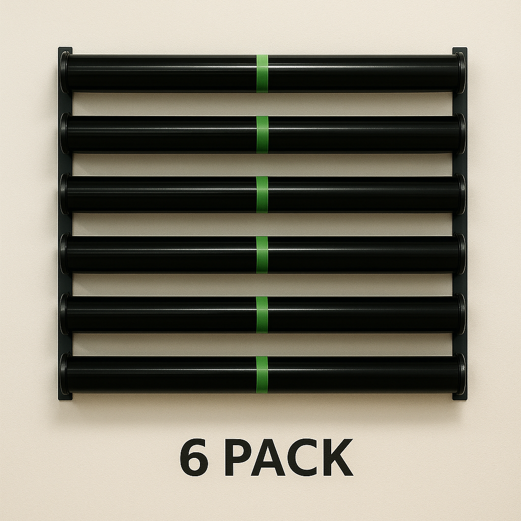 Black roll rack with green accents labeled 'STOW Rollrack 6 Pack' on a beige background