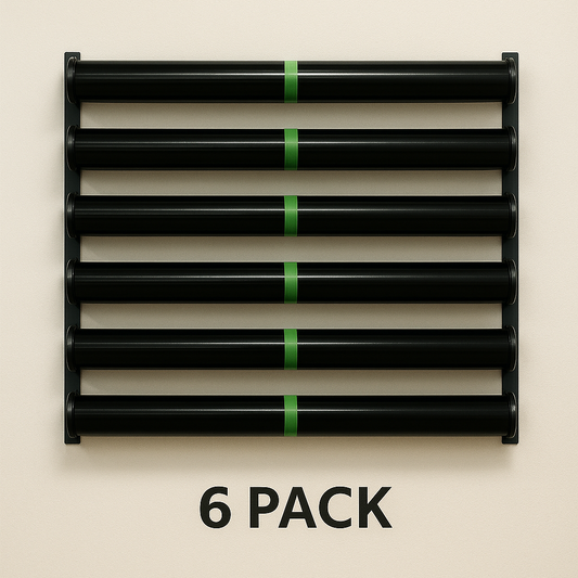 Black roll rack with green accents labeled 'STOW Rollrack 6 Pack' on a beige background